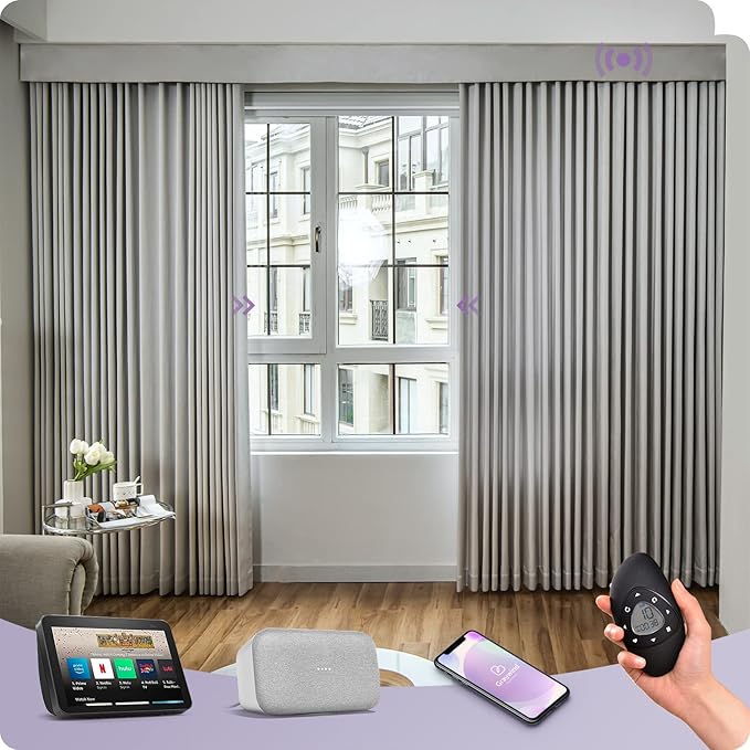 Graywind Rechargeable Smart Curtains Compatible with Alexa App Remote Control Motorized Drape for Sliding Door One-Way or Split Draw, Custom Width Up to 220" (Silver Grey)