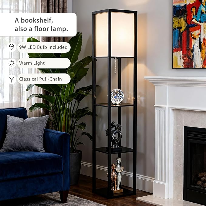 Floor Lamp with Shelves, Modern Square Shelf Lamp for Living Room, Corner Standing Lamp with Shelves for Bedroom, Office, Display Shelves with Light, Home Decor