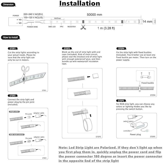 RGB LED Strip Light, AC 110-120V Flexible/Waterproof/Multi Colors/Multi-Modes Function/Dimmable SMD5050 LED Rope Light with Remote for Home/Office/Building Decoration (16.4ft/5m)