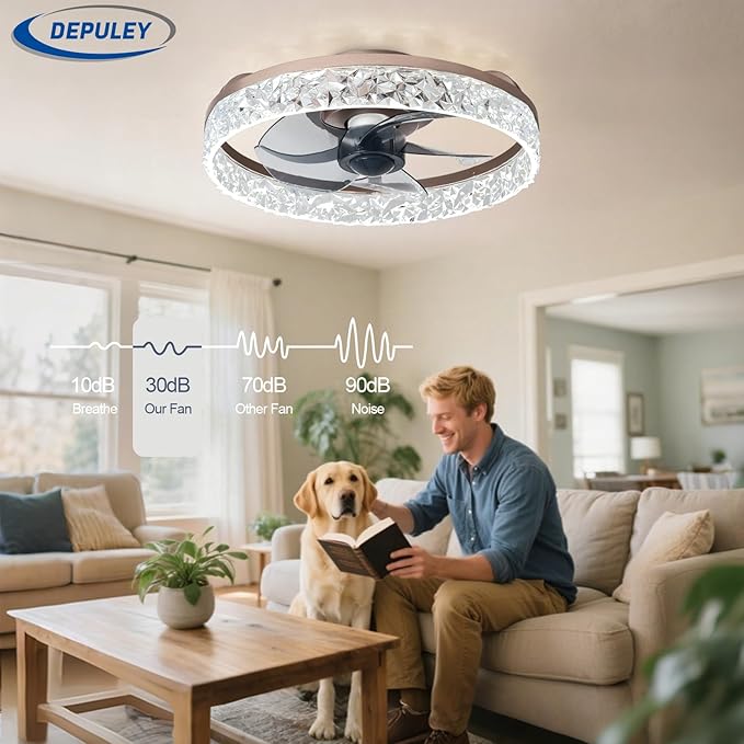 Depuley Ceiling Fans with Lights and Remote: 16" Modern Low Profile Flush Mount Ceiling Fan with App Remote Control - Brown Fandelier for Bedroom Living Room Kitchen Dimmable Quiet DC Motor