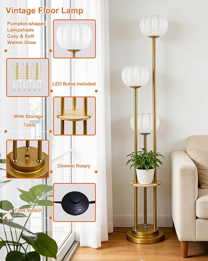 Lightdot Gold Dimmable Floor Lamp with Table, Mid Century Modern Floor Lamps with Pumpkin Lampshade & Bulbs, 3-Light Tall Standing Lamp for Living Room/Bedroom/Sofa Beside/Corner Decor