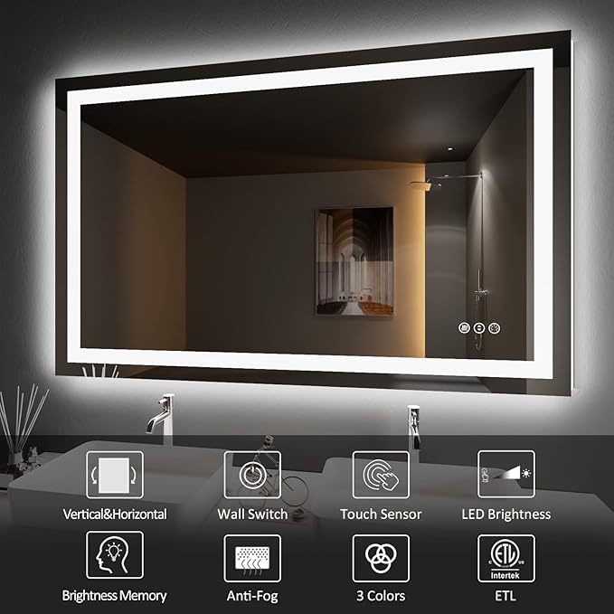 Amorho LED Bathroom Mirror, 60" X32" with Front and Backlight, Stepless Dimmable Wall Mirrors with Anti-Fog, Shatter-Proof, Memory, 3 Colors, Double LED Vanity Mirror