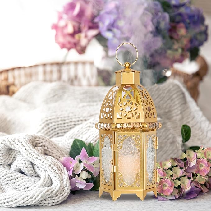 DECORKEY Moroccan Lanterns Decorative Indoor & Outdoor, 11’’ Medium Size Golden Metal Hanging&Tabletop Candle Holder Decor, Halloween Christmas Ramadan Decorations for Home Porch Patio (Golden)