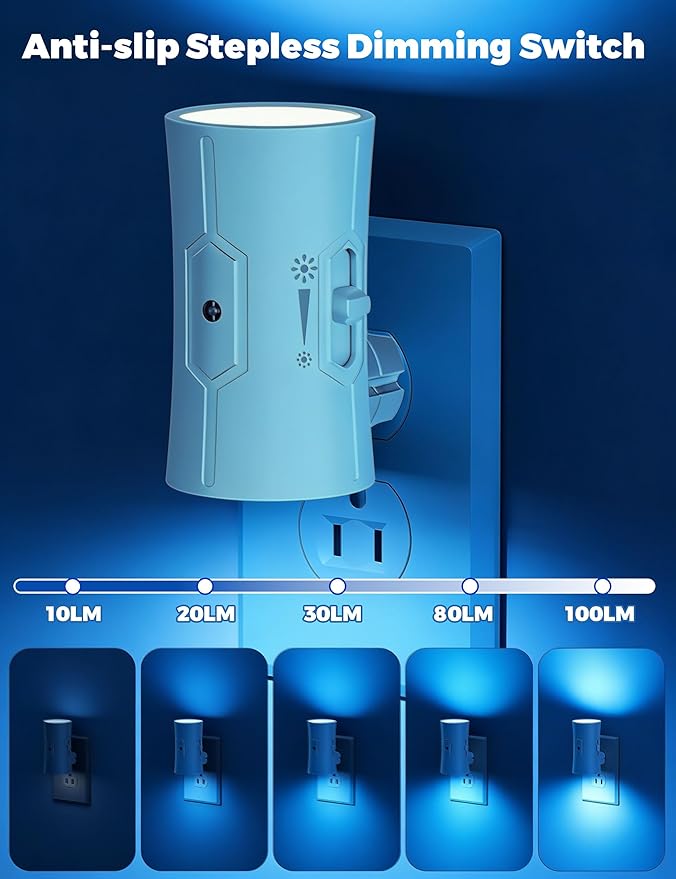 Night Light, LED Night Lights Plug into Wall 2 Pack Blue 0-100LM Adjustable Brightness Light Sensor Plug in Night Light for Hallway, Bathroom, Adult