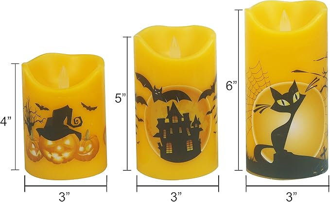 CANDLE CHOICE Orange Halloween Flameless Candles with Remote and Timer Real Wax Realistic Flickering Fake Electric Battery Operated LED Pillars Halloween Theme Decals for Halloween Decorations 3 Pack