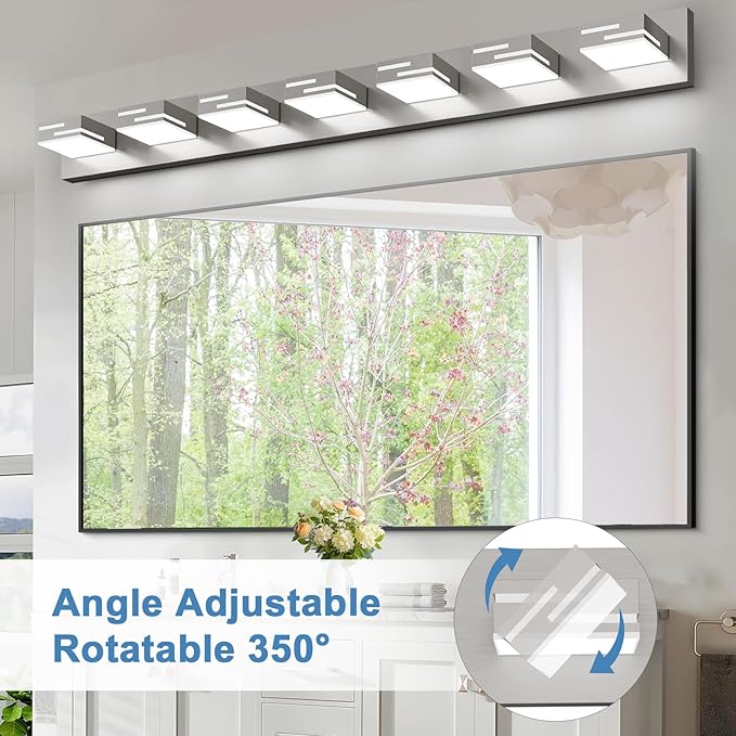 LED Modern Bathroom Vanity Light Fixtures, 7-Light 48-inch Dimmable Brushed Nickel Vanity Lights for Bathroom Lighting Fixtures Over Mirror, with 350° Rotatable Acrylic Heads (Cool White 6000K)