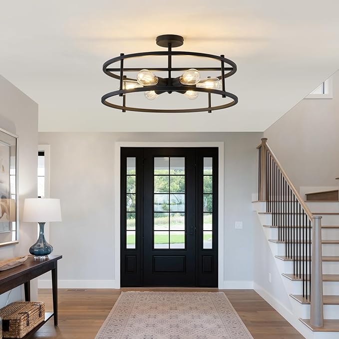 Large Semi Flush Mount Ceiling Light Fixture Black Cage Ceiling Light 6 Light Chandelier for Kitchen Dining Room Entryway Living Room Bedroom Foyer