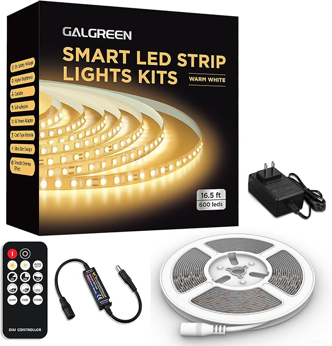 Warm White LED Strip Lights, 16.4ft Smart LED Light Strip 3500K with Dimmable Remote & Adapter, Strong Adhesive, 600 LEDs Flexible Tape Lights for Vantiy Mirror, Kitchen Cabinet, Bedroom