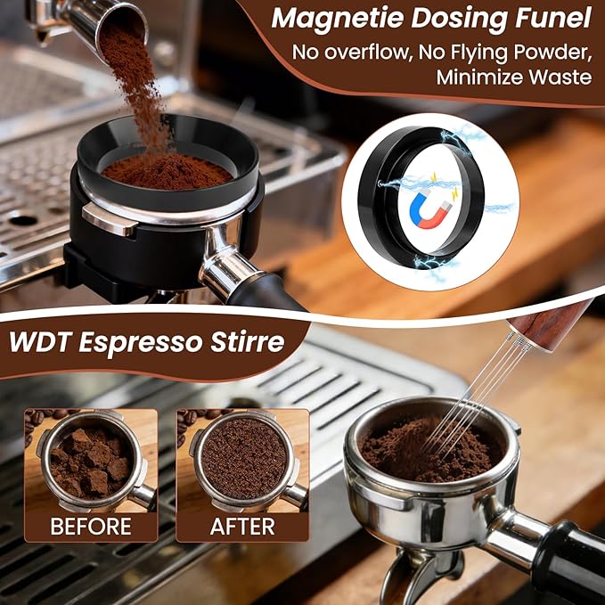 9 Pack Espresso Tamper Station&Coffee Distributor Tamper&Espresso WDT Stirrer&Coffee Tamping&Brush&Coffee Dosing Funnel&Espresso Puck Screen, Latte Art pen and Towel (58 mm)