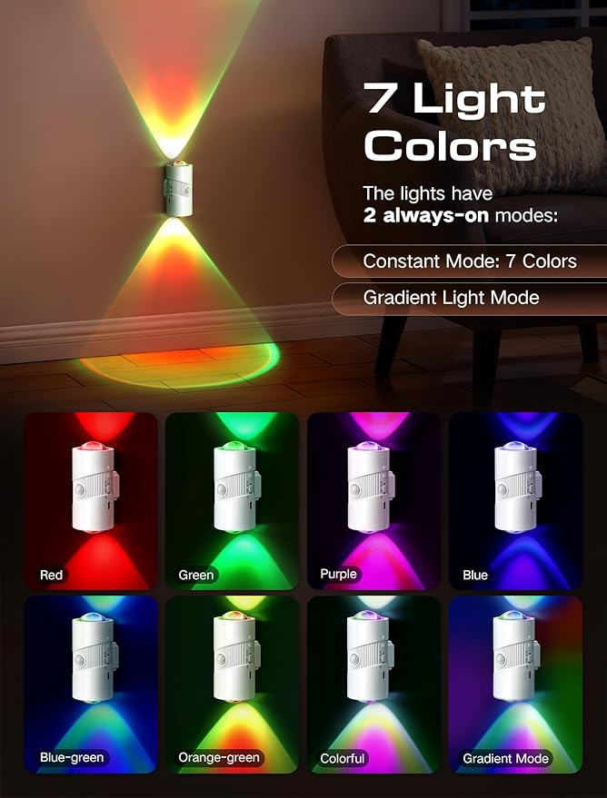 Rechargeable RGB Motion Sensor Night Light, Color Changing LED Night Light with Stick-on Magnet, 4-Level Adjustable Brightness, Nightlights for Bedroom, Bathroom, Hallway, Stairs, Closet, 2-Pack (1)