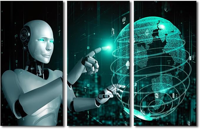 Wall Decorations for Living Room - AI Intelligence Wall Art Canvas Print Robot Paintings AI Art Prints 3 Pieces Framed Wall Art Home Office Decor Modern Artwork Ready to Hang, 42" Wx28 H