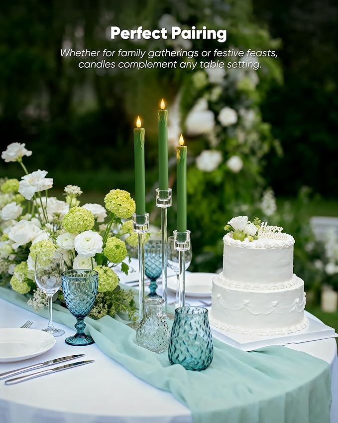 Homemory 6 Pcs Real Wax Green Flameless Taper Candles with Remote Timer, 9.6 Inches LED Fake Candlesticks, LED Candle with 3D Flickering Flame for Romantic Wedding, Dinner, Xmas Anniversary Decor
