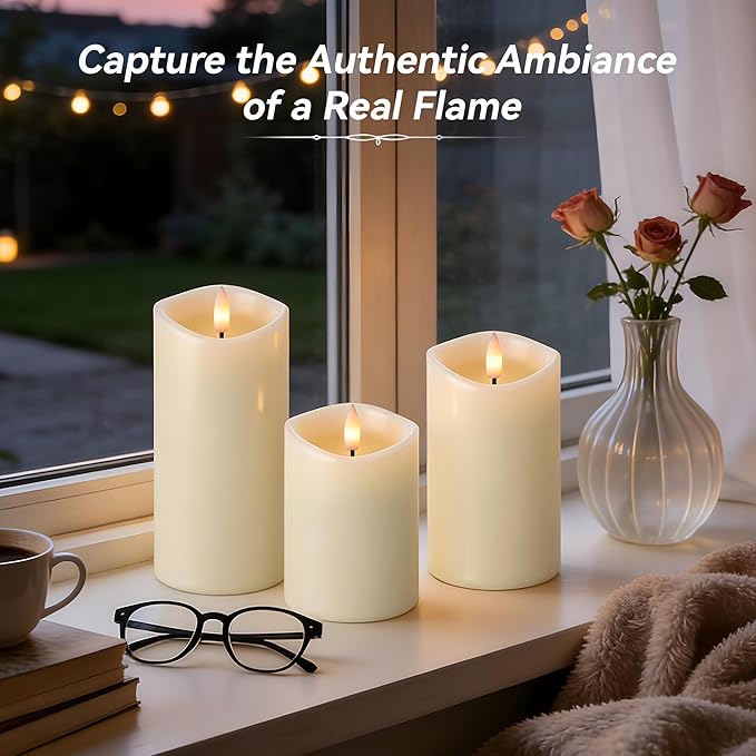 Rechargeable Flickering Flameless Candles Melted Edge Battery Operated with Remote and Timer, Real Wax LED USB Type-C Pillar Candles, Set of 3 (3" x 4",5",6"), Ivory,Spring Home Decor