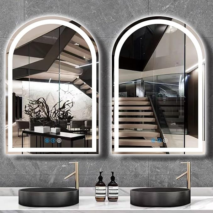 32 x 24 Inch LED Arch Mirror with Lights AntiFog 3 Color Adjustable Brightness Frontlits 32" Arched Lighted Vanity Mirror for Bathroom Wall Mounted Makeup Tabletop Smart Arch Light up Mirrors