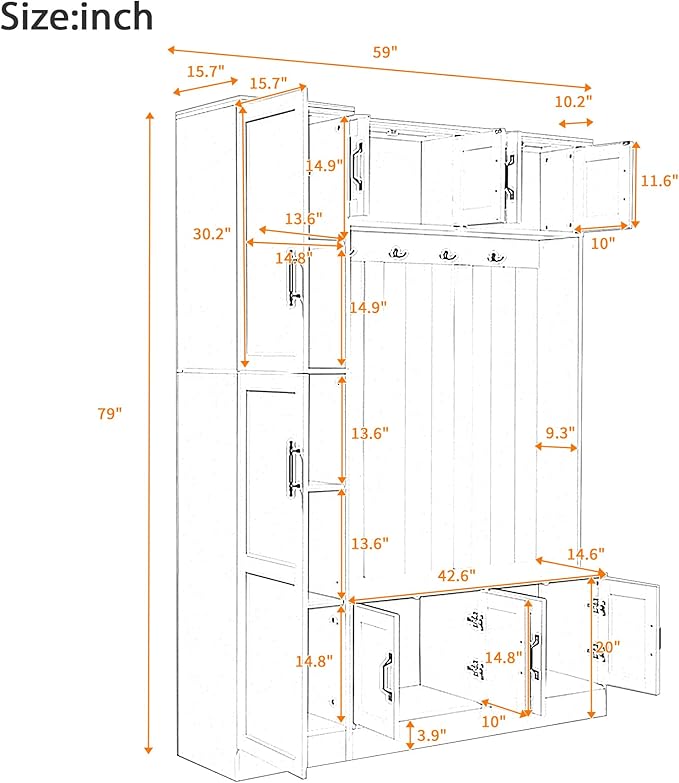 79'' Tall Modern Hall Tree with Shoe Storage and 4 Coat Hooks, 4-in-1 Entryway Bench with 6 Cabinets and Adjustable Shelf for Hallway, Living Room (White/33f)