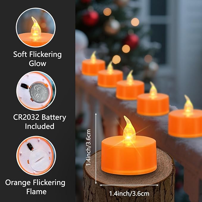 Tea Lights Battery Operated Candles LED Tea Lights Flameless Candles 200+ Hours Flickering Fake Tealights for Sweetest Day Wedding Home Decorations Party (Orange Base, 12 Pack)