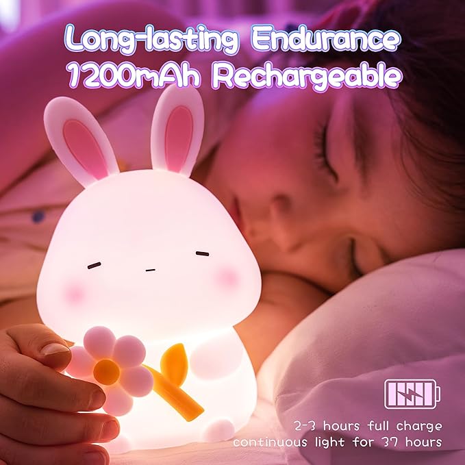 Bunny Night Light for Kids, 3 Level Dimmable Rabbit Nursery Nightlight, 1200mAh Soft Silicone Bedside Touch Lamps, Cute Rechargeable Easter Bunny Gifts for Baby Toddler Girls Boys Room Decor