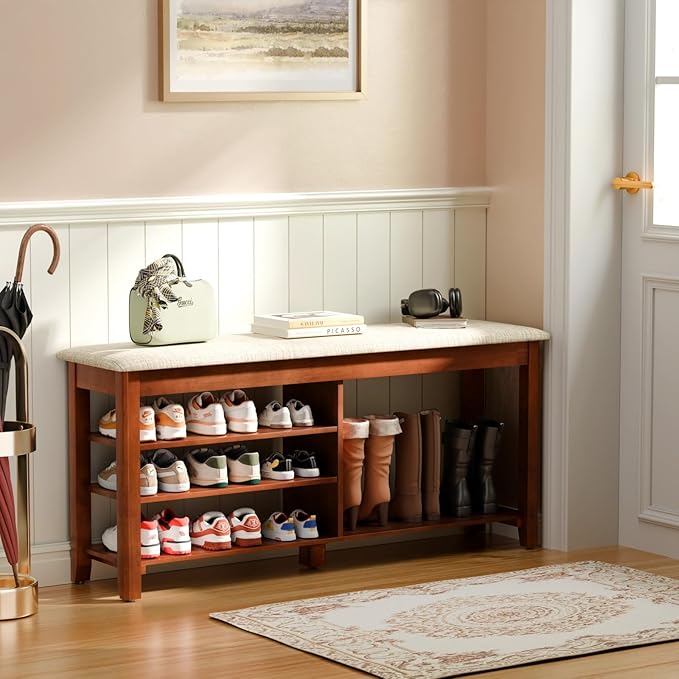 Shoe Bench with Flip-Top Storage, Solid Wood Entryway Bench with Cushion, Adjustable Shelf, Shoe Rack Front Door Entrance Organizer for Hallway, Living Room, Mudroom (Beige, 47.2" L)