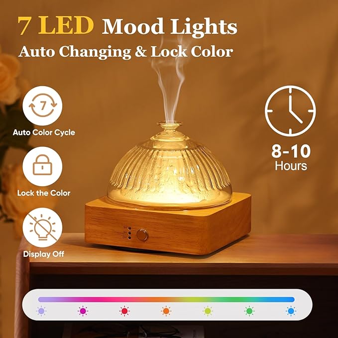 Glass Essential Oil Diffuser with Glass Reservoir & WoodBase, 200ml Ultrasonic Lock Color Timer Auto-Off 7 Color Light Aroma Glass Dome Diffuser for Home Office Bedroom Yoga