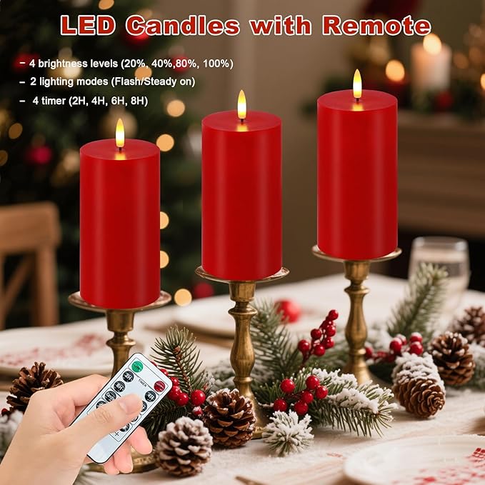 VEEKI Red Flameless Candles, Set of 2 7"x3" Flickering LED Candles with Remote & Timer, Dimmable Real Wax Electric Pillar Candles Battery Operated, Candles Light for Home Christmas Decor (Red)