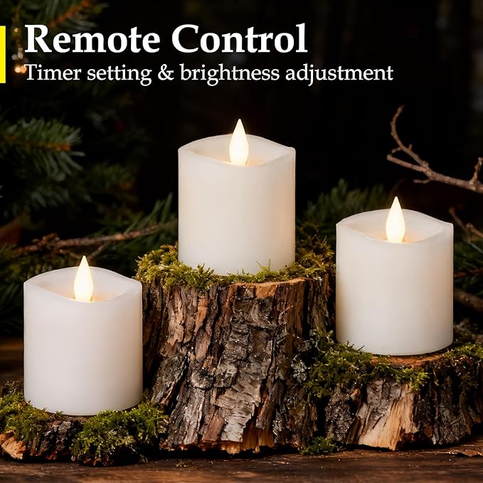 Flameless Candles with Flickering Flame & Remote - 3×3'' Battery Operated LED Pillar Candles, Smokeless Fake Candles for Indoor Use - Realistic 3 Inch Drip-Free Candles with Timer (White, 3-Pack)