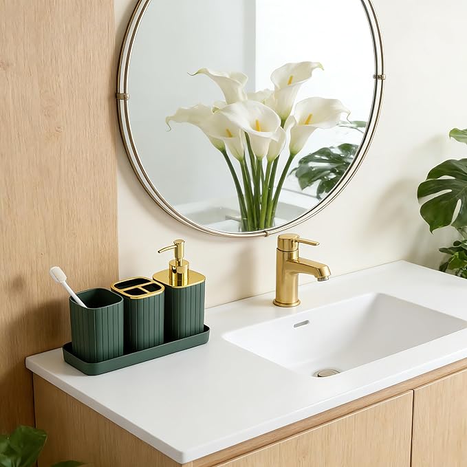Bathroom Accessories Set-9PC Set, Complete Bathroom Decor & Home Decor, Bathroom Set with Toilet Brush, Trash Can, Soap Dispenser,Modern Home Bath Essentials (Green&Gold, Bath Set)