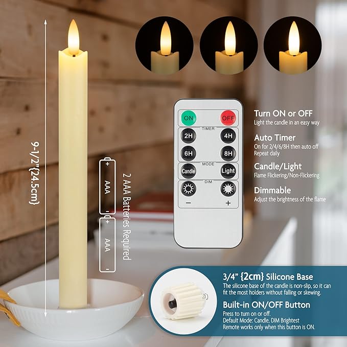 Real Wax Flameless Taper Candles with Remote Timer,Battery Operated LED Candles Set with 3D Flickering Flame,9.6" Ivory Realistic Dripless Candlesticks for Wedding Home Decor,6 Pack