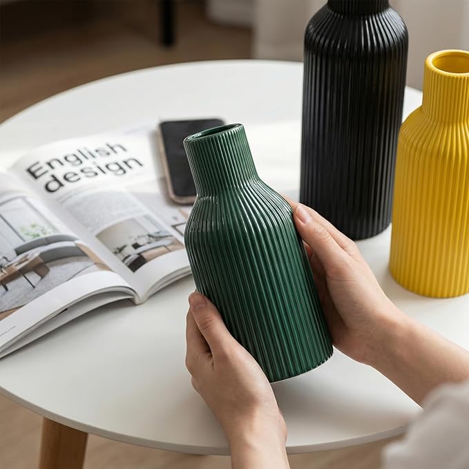 Glossy Ceramic Vase Set of 3, High-Gloss Ribbed Modern Flower Vases in Black, Green & Yellow, 5.9"/7.8"/9.8" Decorative Vases for Home Living Room Table Centerpiece