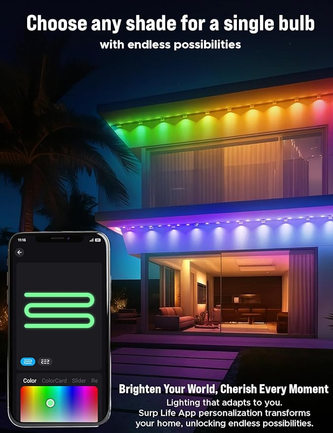 EcoNour 50 FT RGB LED Permanent Outdoor Lights | Smart Waterproof LED Eaves Lights with App & Remote Control | Music Sync, RGB Colorful Light | Alexa Smart Christmas Light for Decorations