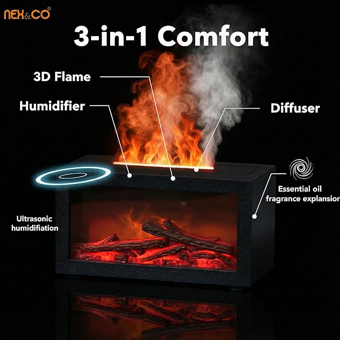 NEX&CO Colorful Flame Fireplace Aroma Diffuser for Essential Oils, Mini Essential Oils Diffuser with 3D Dynamic Effect 7-Color Changing Led, Auto Shut-Off, 3H Timer for Home, Yoga & Anxiety Relief