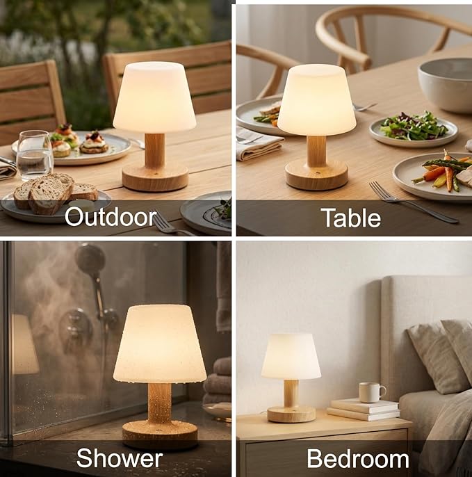Cordless Table Lamp, Rechargeable Table Lamp, Waterproof Shower Lamp, 5200mAh Small Lamps, 3-Color Dimmable Touch Light, Portable Outdoor and indoor table lamp, Bedside night light (Natural Wood)