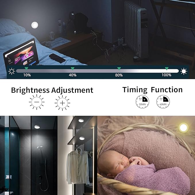 LED Puck Lights with Remote Control,Wireless Under Cabinet Lighting Battery Operated, Dimmable Timing Function Push Lights for Kitchen Cabinets, Christmas, Bedrooms (2.36*2.36*1.04 in)