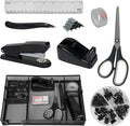 Office Desk Accessories, Desk Organizers and Accessories, Stapler and Tape Dispenser Set Metal Storage Box,Stapler,Staple Remover,Paper Clips,Ruler,Scissors.Suitable for Office and Study Use,Black
