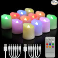 Rechargeable Flameless Tea Lights Candles with Timer & Remote, 12pcs RGB Color Changing Electric Fake Candle with 2 USB Charging Cables, Realistic Flickering LED Christmas Decoration Candles for Home