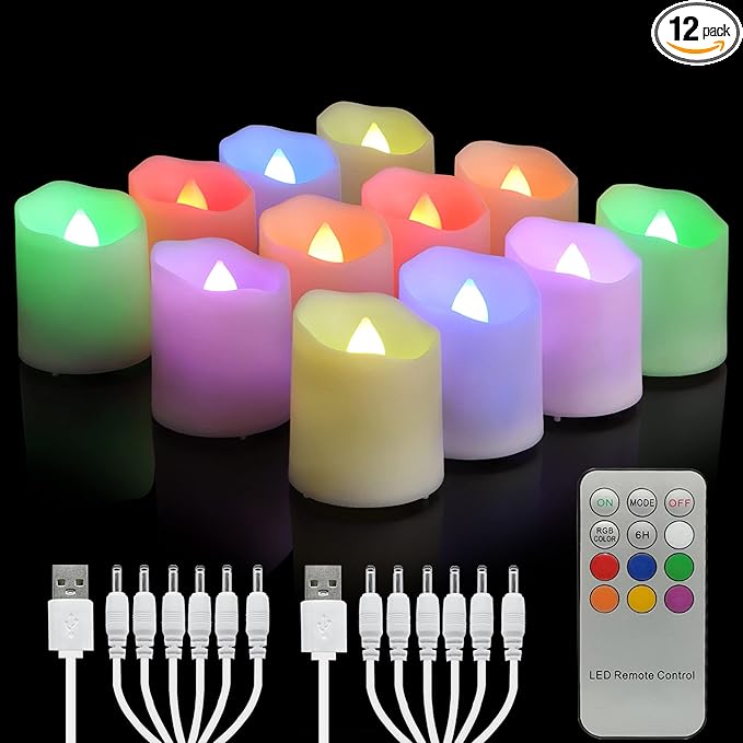 Rechargeable Flameless Tea Lights Candles with Timer & Remote, 12pcs RGB Color Changing Electric Fake Candle with 2 USB Charging Cables, Realistic Flickering LED Christmas Decoration Candles for Home