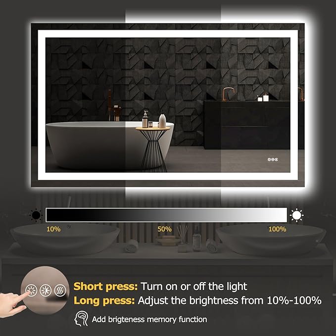 60X36 LED Bathroom Mirror with Lights, Anti-Fog, Dimmable, Backlit + Front Lit, Smart Bathroom Vanity Mirror, Memory Function, Shatterproof, Tempered Glass (Horizontal/Vertical)