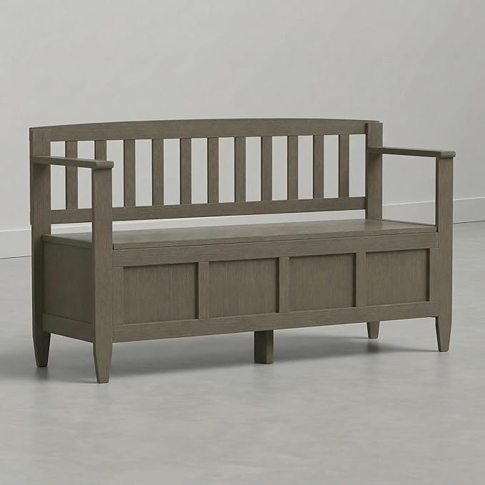 SIMPLIHOME Brooklyn Entryway Storage Bench - 48 inch Wide Solid Wood Storage Seat in Aged Grey, Contemporary Bench for Entryway or Living Room with Lift-Up Lid and Slatted Backrest