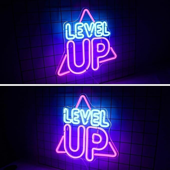 LEVEL UP LED Neon Sign for Wall Decor USB Adjustable Brightness Living Room Bars Barbers Pub Wedding Party Salon Club Gatherings Gaming Room Man Cave Halloween Christmas Birthday Art Wall Decor
