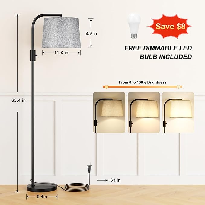 Ambimall 𝐅𝐮𝐥𝐥𝐲 𝐃𝐢𝐦𝐦𝐚𝐛𝐥𝐞 Floor Lamp - Floor Lamps with 9W 𝐋𝐄𝐃 Bulb, Standing Lamps for Living Room with Adjust Head, Modern Standing Tall Light Rotary Switch for Office(Black and Grey)