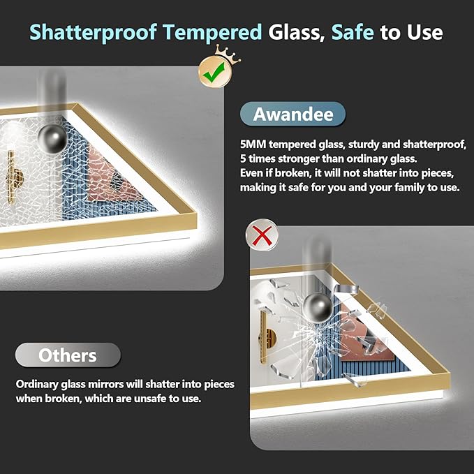 66x40 Gold Beveled LED Bathroom Mirror with Lights, Brushed Gold Framed Backlit and Front Lit Anti-Fog Lighted Vanity Mirrors for Bathroom Wall, Dimmable, 3 Colors, Memory, HD Tempered Glass