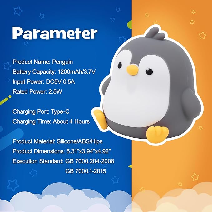 Penguin Night Light Squishy Silicone Nursery Breastfeeding Nightlight with Timer 3-Level Warm White RGB Color Modes Cute Penguin Lamp Rechargeable Touch Bedside Desk Animal Lamp for Bedroom Dorm Decor