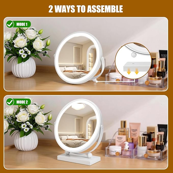 Travel Makeup Mirror, 9" Small Vanity Mirror with Lights, 1500mAH Battery, 3-Color Lighting, Dimmable, 360° Rotation, Round Portable Desk Mirror, Travel Essentials (White)