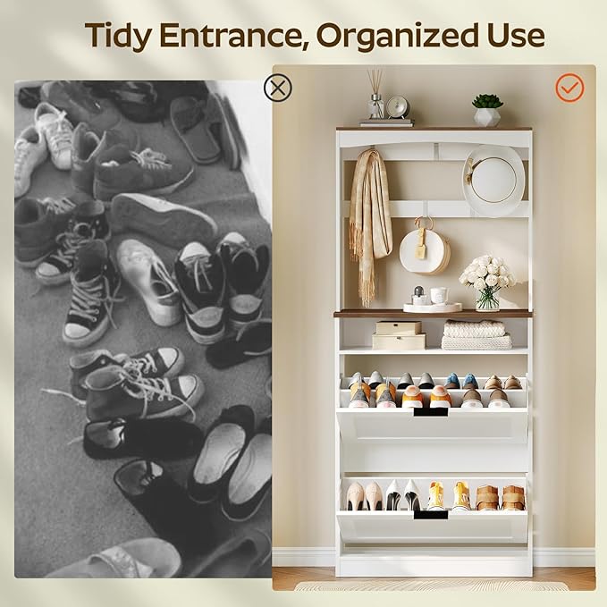 Tall Shoe Cabinet with Flip Drawers and Coat Rack, Floor Standing Modern Shoe Storage Organizer, 2-in-1 Hall Tree with Movable Hooks and Open Shelves, for Entryway, White and Walnut SC01WHY1