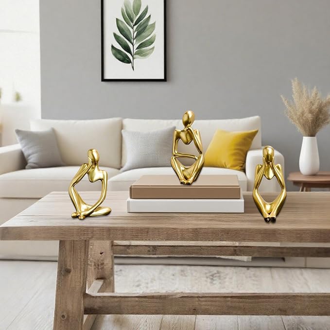 Mingzhang 3pcs Thinker Statue Abstract Art Thinker Figurines Gold Home Decor for Living Room, Office, Coffee Table, Bookshelf Decoration, Housewarming Gifts