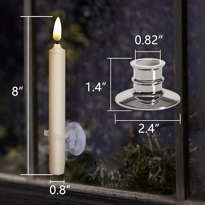 6PACK Flameless Battery Powered 8'' Ivory Taper Windows Candles, Include 12 AA Batteries, with Remote and Timer, with Suction Cup and Removable Silver Candleholders, Remote Included, Patented