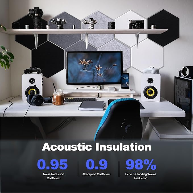 Mollywell Hexagon Acoustic Panels 14x12 - Reduce Echo & Reverb, Noise Blocking Wall Tiles for Studio & Home Office, Silver Gray, Moon Gray, Black, White Sound Absorbing Panels