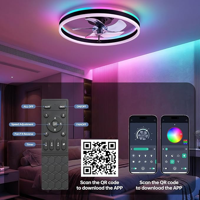 RGB Ceiling Fan with Light,20'' Modern Flush Mount Ceiling Fan, 6 Speeds, Dimmable LED, Remote Control, Quiet DC Motor,Smart Low Profile Ceiling Fan for Bedroom, Living Room,DM101-H-RGB Black