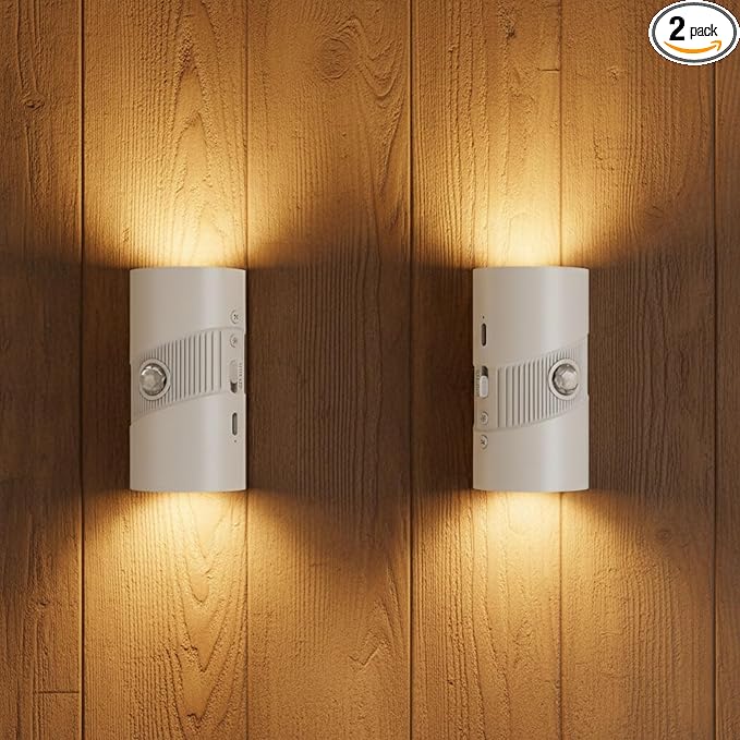 Tomshine Rechargeable Wireless Wall Light (2 Pack) - Motion Sensor Night Light Battery Operated, Adhesive Wall Sconce with 3 Modes, 3 Color Temps & 4 Brightness, USB-C for Hallway, Stairs Indoor