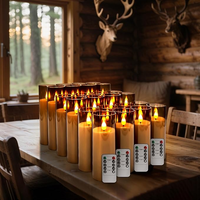 24 Pack LED Gray Flameless Candles with Remote, 3D Flickering Battery Operated Candles in Glass Holders, Safe for Weddings, Parties, Home and Outdoor Decor.