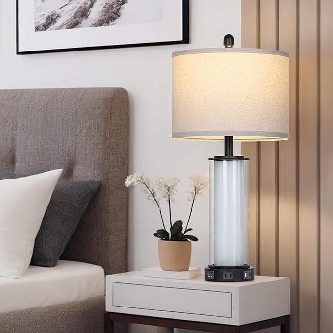 Black Glass Table Lamps Set of 2, 26" Living Room Lamp with Built-in Frosted Glass Night Light, Modern Bedroom Lamp with USB C+A Ports & AC Outlet, Bedside Lamps for Nightstand (4 Bulbs Included)